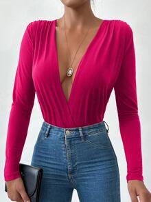 EURMUSE Solid Plunging Neck Fold Pleated Bodysuit - Pink - View 1