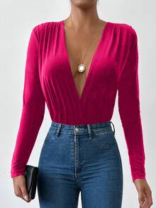 EURMUSE Solid Plunging Neck Fold Pleated Bodysuit - Pink - View 4
