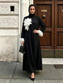 Celisse Women's Spring/Autumn Elegant Modest Stand Collar Black And White Contrast Color, Ruffle Cuffs, 3D Floral Decor, Long Dress, Daily Essential Dinner - Black - View 7