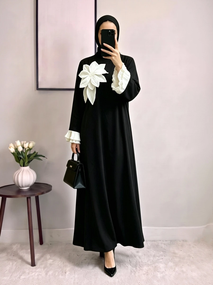 Celisse Women's Spring/Autumn Elegant Modest Stand Collar Black And White Contrast Color, Ruffle Cuffs, 3D Floral Decor, Long Dress, Daily Essential Dinner - Black - View 1