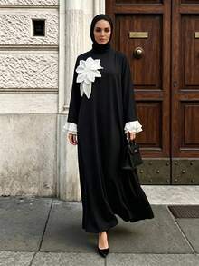 Celisse Women's Spring/Autumn Elegant Modest Stand Collar Black And White Contrast Color, Ruffle Cuffs, 3D Floral Decor, Long Dress, Daily Essential Dinner - Black - View 3