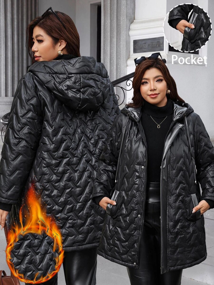 Reflora Plus Size Winter Fashion Versatile Hooded Jacket - Black - View 1