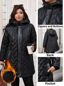 Reflora Plus Size Winter Fashion Versatile Hooded Jacket - Black - View 8