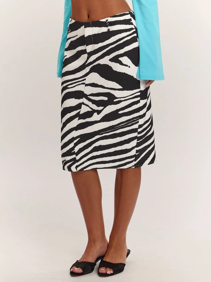 SHEIN BAE Fall& Winter Women's Zebra Print Sexy Bodycon Elegant Skirt Fall Clothes For Women , Winter Clothe Halloween Elegant - Black and White - View 1