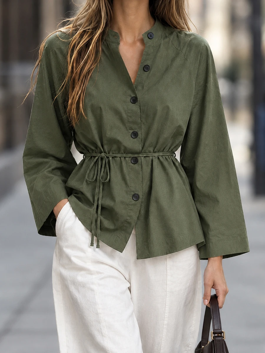 Breezaya Women's Solid Color Long Sleeve Stand Collar Blouse - Olive Green - View 1