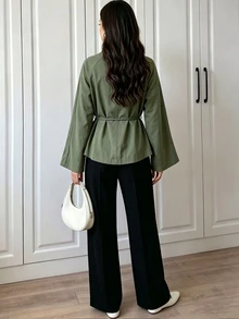 Breezaya Women's Solid Color Long Sleeve Stand Collar Blouse - Olive Green - View 2