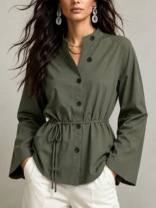 Breezaya Women's Solid Color Long Sleeve Stand Collar Blouse - Olive Green - View 3