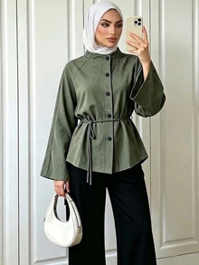 Breezaya Women's Solid Color Long Sleeve Stand Collar Blouse - Olive Green - View 4