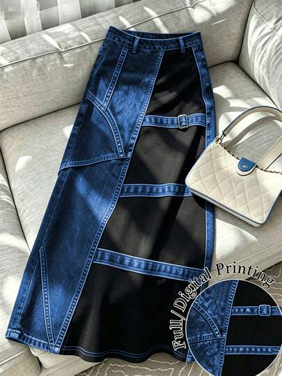 GlowEve CURVE Plus Size Women's Casual Vintage Denim Effect A-Line Long Skirt, Versatile Street Style, Fashionable Long Skirt For Daily Wear, Suitable For Spring, Summer, Autumn, Winter