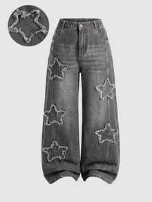 SHEIN Teen Girl Star Pattern Wide Leg Jeans Autumn Winter - Grey - View 1