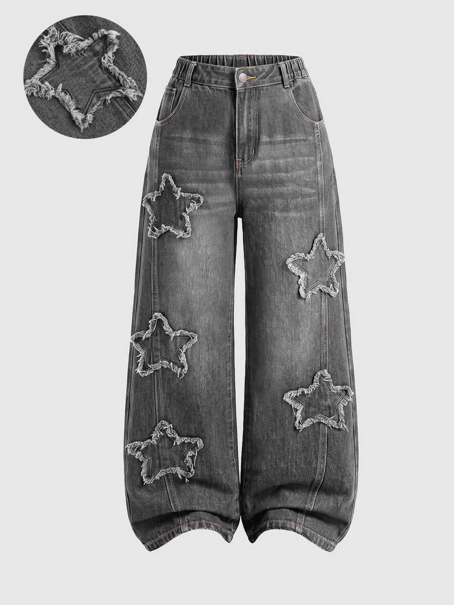 SHEIN Teen Girl Star Pattern Wide Leg Jeans Autumn Winter - Grey - View 1