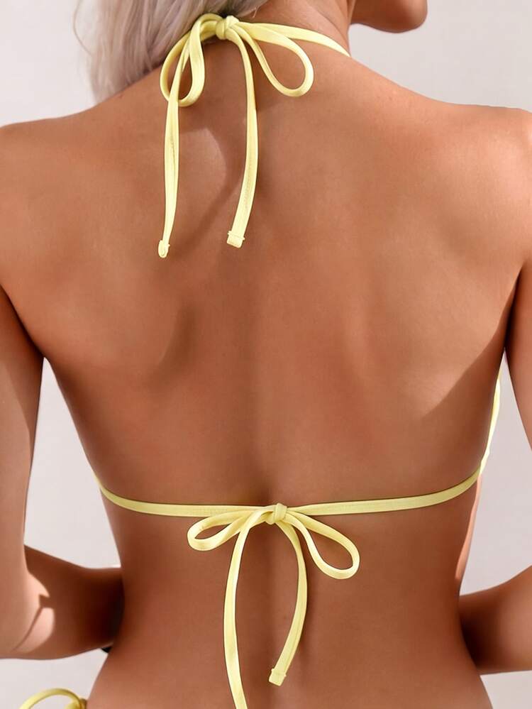 Oceva Spring/Summer Beach Solid Color Sexy Cut-Out Halter Neck Tie One-Piece Swimsuit - Pale Yellow - View 3