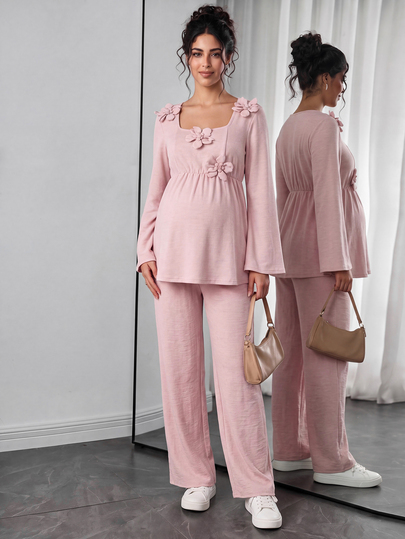 Momance Completo elegante da maternità 2 pezzi con top a maniche lunghe e pantaloni, decorazione floreale 3D