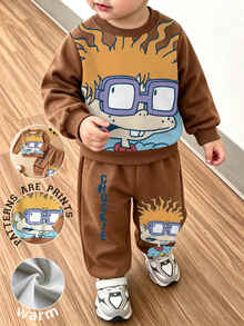 Nick 90s | SHEIN 男嬰 Chuckie 卡通印花 Nick 2 件套，圓領長袖運動衫搭配彈性腰棕色慢跑褲，休閒日常春秋冬套裝 - 棕色 - 查看 1