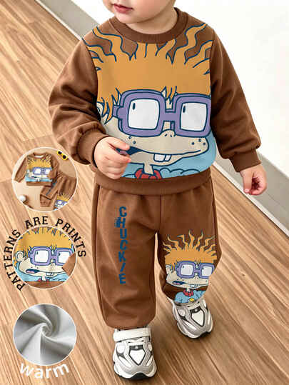 Nick 90s | SHEIN Baby Boy Chuckie Cartoon Print Nick 2 Pieces Set, Crew Neck Long Sleeve Sweatshirt With Elastic Waist Brown Jogger Pants, Casual Cowboy Racing Outfit