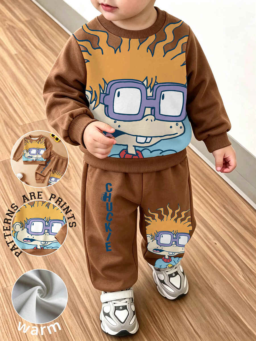 Nick 90s | SHEIN 男嬰 Chuckie 卡通印花 Nick 2 件套，圓領長袖運動衫搭配彈性腰棕色慢跑褲，休閒日常春秋冬套裝 - 棕色 - 查看 1