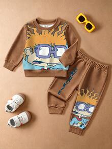 Nick 90s | SHEIN 男嬰 Chuckie 卡通印花 Nick 2 件套，圓領長袖運動衫搭配彈性腰棕色慢跑褲，休閒日常春秋冬套裝 - 棕色 - 查看 5