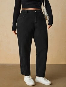SHEIN PETITE CURVE 大尺碼女款直筒 Anti Social 牛仔褲，附口袋，冬季 Y2K 萬聖節節慶款，PETITE CURVE 抓絨毛絨 正式度假風，黑色 - 黑色 - 查看 8