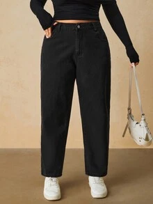 SHEIN PETITE CURVE 大尺碼女款直筒 Anti Social 牛仔褲，附口袋，冬季 Y2K 萬聖節節慶款，PETITE CURVE 抓絨毛絨 正式度假風，黑色 - 黑色 - 查看 9