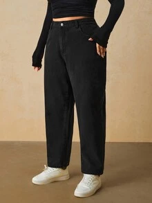 SHEIN PETITE CURVE 大尺碼女款直筒 Anti Social 牛仔褲，附口袋，冬季 Y2K 萬聖節節慶款，PETITE CURVE 抓絨毛絨 正式度假風，黑色 - 黑色 - 查看 5