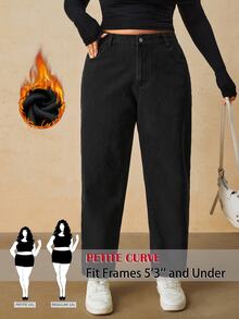SHEIN PETITE CURVE 大尺碼女款直筒 Anti Social 牛仔褲，附口袋，冬季 Y2K 萬聖節節慶款，PETITE CURVE 抓絨毛絨 正式度假風，黑色 - 黑色 - 查看 10