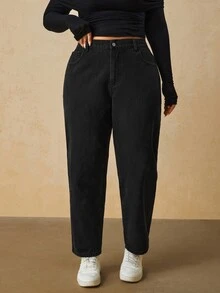 SHEIN PETITE CURVE 大尺碼女款直筒 Anti Social 牛仔褲，附口袋，冬季 Y2K 萬聖節節慶款，PETITE CURVE 抓絨毛絨 正式度假風，黑色 - 黑色 - 查看 6