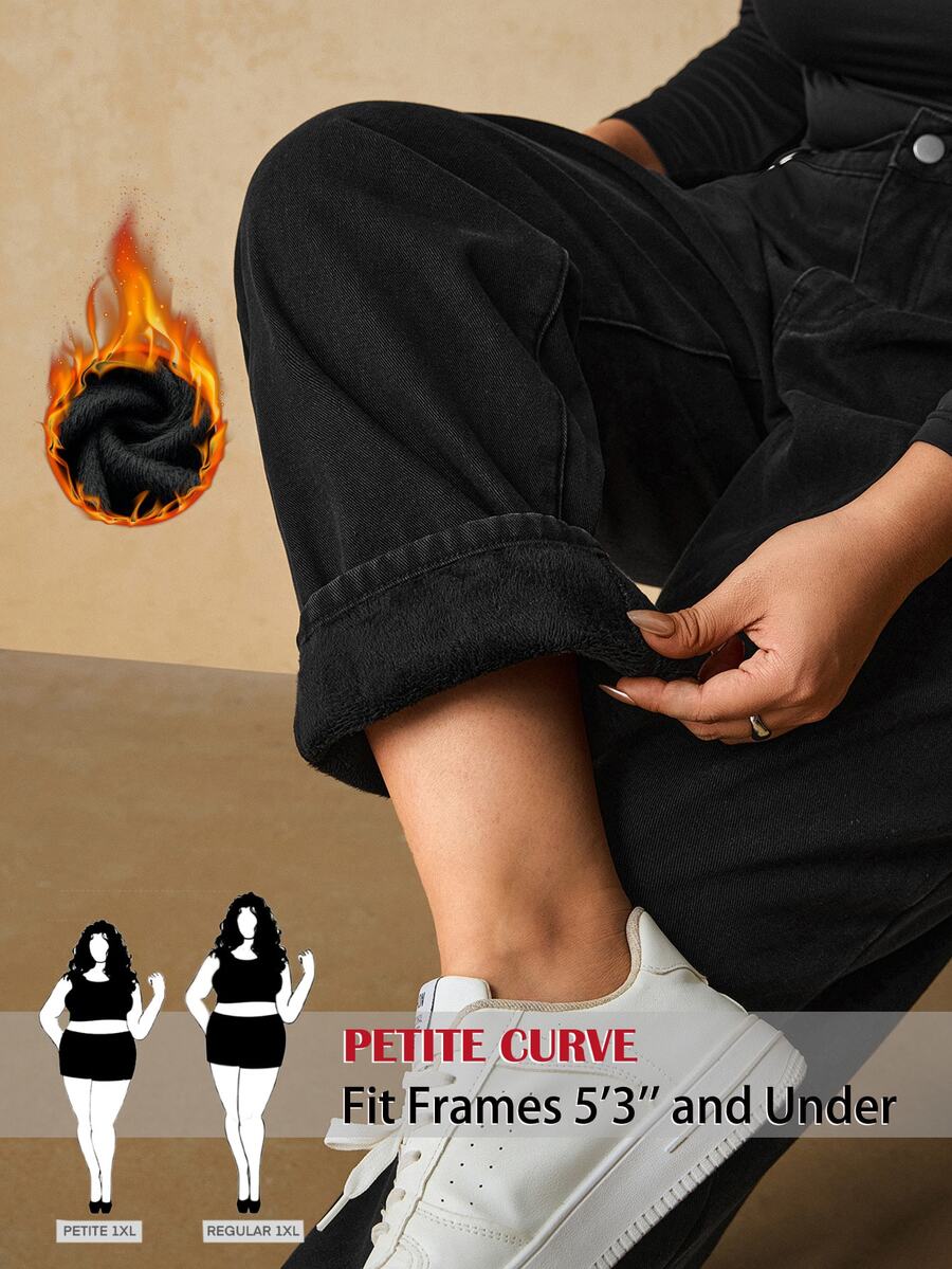 SHEIN PETITE CURVE 大尺碼女款直筒 Anti Social 牛仔褲，附口袋，冬季 Y2K 萬聖節節慶款，PETITE CURVE 抓絨毛絨 正式度假風，黑色