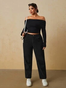 SHEIN PETITE CURVE 大尺碼女款直筒 Anti Social 牛仔褲，附口袋，冬季 Y2K 萬聖節節慶款，PETITE CURVE 抓絨毛絨 正式度假風，黑色 - 黑色 - 查看 7
