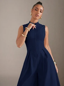 Hauture Extreme Wide Leg Zip Front Sleeveless Jumpsuit - Navy Blue - View 2