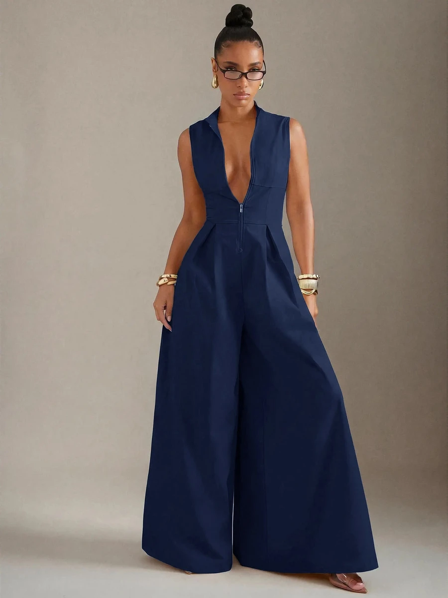 Hauture Extreme Wide Leg Zip Front Sleeveless Jumpsuit - Navy Blue - View 1