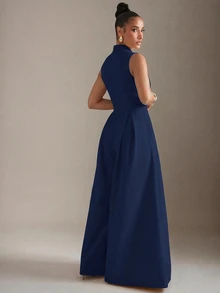 Hauture Extreme Wide Leg Zip Front Sleeveless Jumpsuit - Navy Blue - View 3