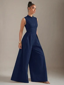 Hauture Extreme Wide Leg Zip Front Sleeveless Jumpsuit - Navy Blue - View 4