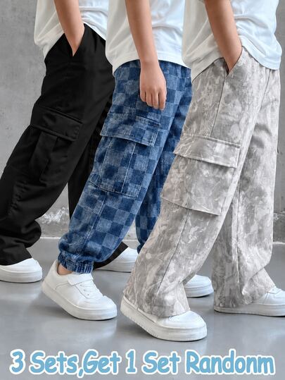 Boys' Baby Blue Baby Yellow Baby Pink Casual Soft Denim Effect Plaid Loose Fit Jogger Cargo Pants With Elastic Waistband And Pockets All Season Summer