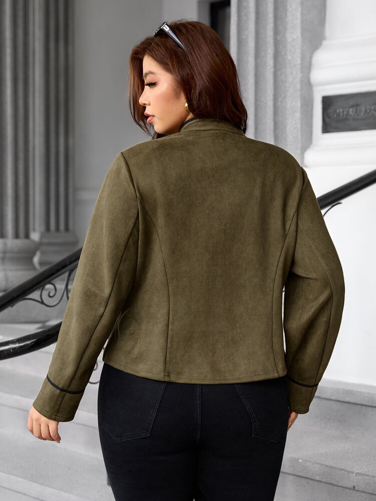SHEIN Clasi Plus Size Women's Casual 1920 Vintage Elegant Napoleon Jacket With Zipper Front Autumn Office Evening Olive Green - Dark Green - View 2