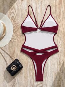 SHEIN Swim 女款性感純色露背圓環交叉波浪紋理一件式泳衣，適合春、夏、秋季海邊度假 - 酒紅色 - 查看 8