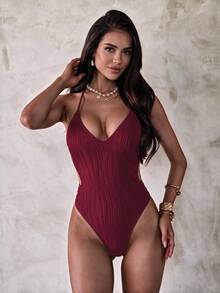SHEIN Swim 女款性感純色露背圓環交叉波浪紋理一件式泳衣，適合春、夏、秋季海邊度假 - 酒紅色 - 查看 4