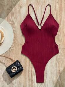 SHEIN Swim 女款性感純色露背圓環交叉波浪紋理一件式泳衣，適合春、夏、秋季海邊度假 - 酒紅色 - 查看 7