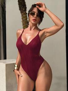SHEIN Swim 女款性感純色露背圓環交叉波浪紋理一件式泳衣，適合春、夏、秋季海邊度假 - 酒紅色 - 查看 2