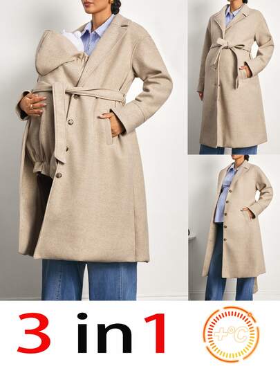 MaterniWear Maternity Buisness CMaternity Solid Color Lapel Neck Long Sleeve Single-Breasted 3-In-1 Jacket,Women's Maternity 3-In-1 Winter Wool-Blend Coat (Khaki)