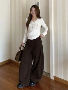 DAZY 女款格紋拼接韓系寬鬆休閒水洗牛仔長褲 秋季 - 咖啡棕 - 查看 6