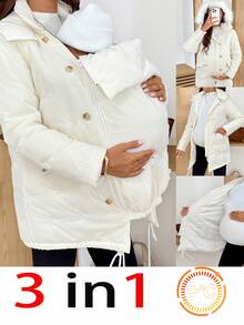 SHEIN Maternity 3-In-1 Winter Warm Jacket With Butterfly Embroidery,Maternity Solid Color Long Sleeve Zip-Up Hooded 3-In-1 Jacket Fall - White - View 1