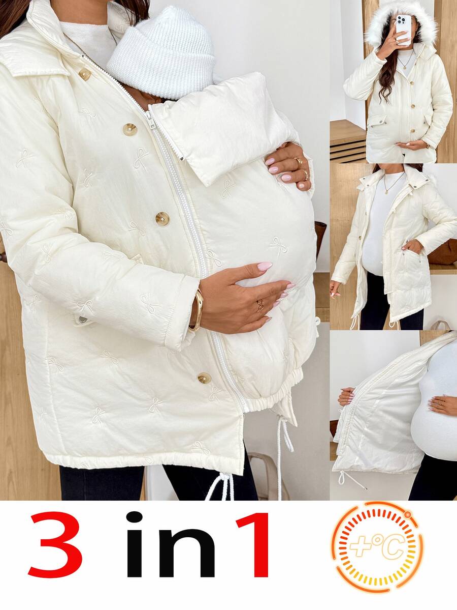 SHEIN Maternity 3-In-1 Winter Warm Jacket With Butterfly Embroidery,Maternity Solid Color Long Sleeve Zip-Up Hooded 3-In-1 Jacket Fall - White - View 1