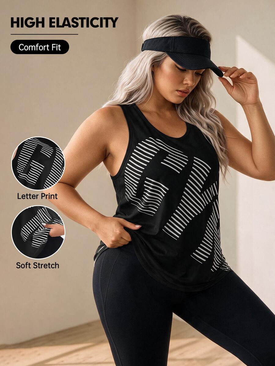 SHEIN Rhythm Era Plus Letter & Striped Print Sports Tank Top - Black - View 1