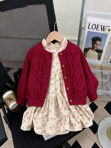 SHEIN 女童純色針織圓領花瓣袖休閒開襟外套 秋冬毛衣 - 紅色 - 查看 9