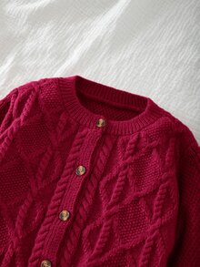 SHEIN 女童純色針織圓領花瓣袖休閒開襟外套 秋冬毛衣 - 紅色 - 查看 5