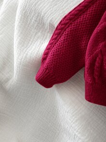 SHEIN 女童純色針織圓領花瓣袖休閒開襟外套 秋冬毛衣 - 紅色 - 查看 7