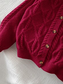 SHEIN 女童純色針織圓領花瓣袖休閒開襟外套 秋冬毛衣 - 紅色 - 查看 6