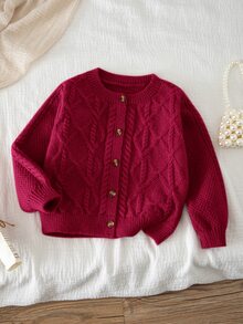SHEIN 女童純色針織圓領花瓣袖休閒開襟外套 秋冬毛衣 - 紅色 - 查看 3