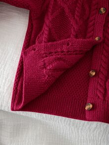 SHEIN 女童純色針織圓領花瓣袖休閒開襟外套 秋冬毛衣 - 紅色 - 查看 8