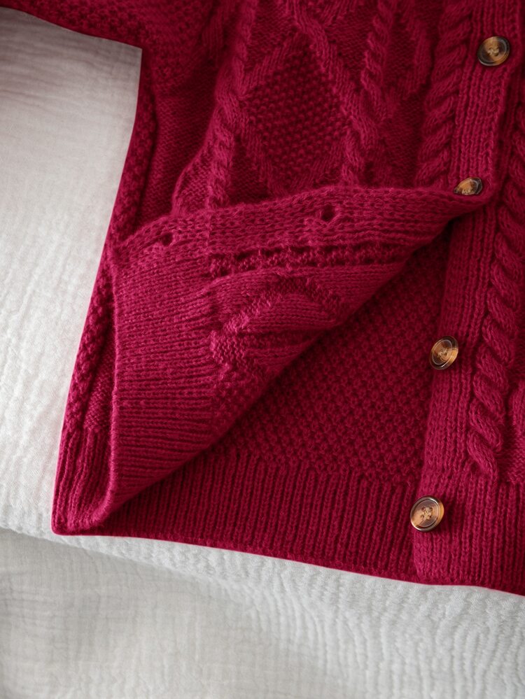 SHEIN Young Girl Young Girl Solid Color Knit Round Neck Petal Sleeve Casual Cardigan Autumn Winter Sweater - Red - View 8